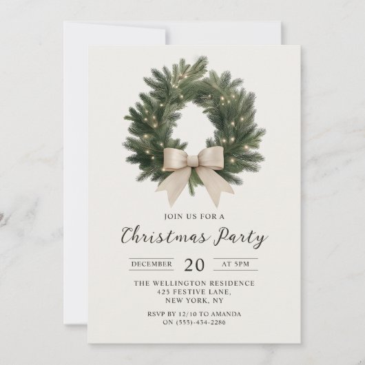 Elegant Christmas Wreath Party Invitation Kaart (Voorkant)
