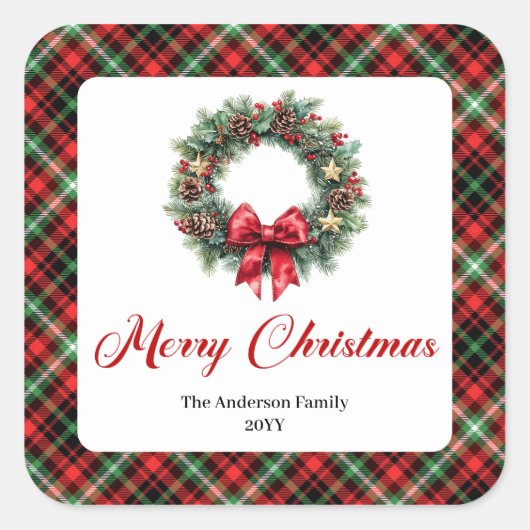 Elegant Christmas Wreath Personalized Holiday Vierkante Sticker (Voorkant)