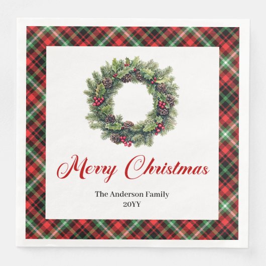 Elegant Christmas Wreath Red Green Plaid Napkins Servet (Voorkant)