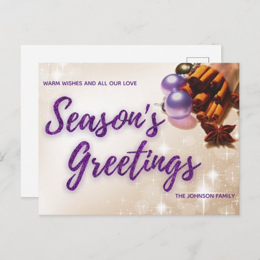 Elegant Cinnamon Paarse Glitter Script Kerstmis Feestdagenkaart (Voorkant / Achterkant)