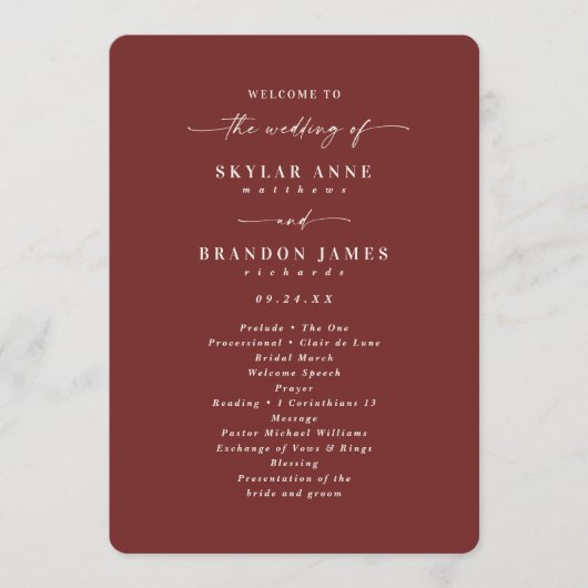 Elegant Cinnamon Red Wedding Ceremony Programme Programmakaart (Voorkant)