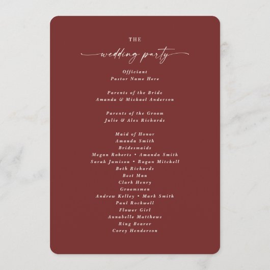 Elegant Cinnamon Red Wedding Ceremony Programme Programmakaart (Achterkant)