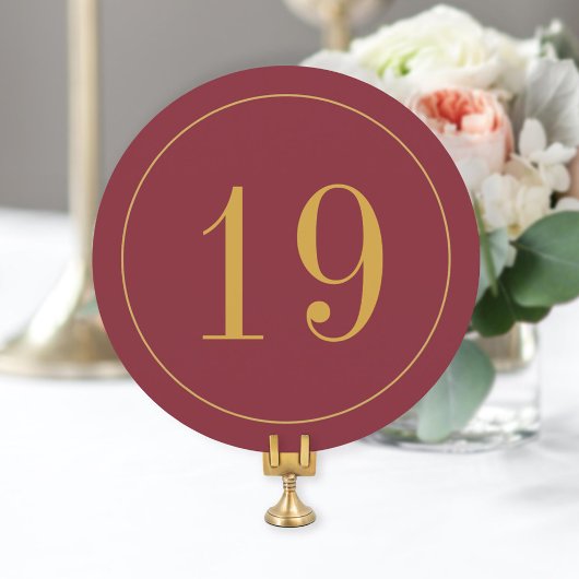 Elegant Circle Burgundy Gold Wedding Table Number Kaart