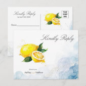 Elegant Citroen Geel & Blauw Waterverf Bruiloft Briefkaart (Voorkant / Achterkant)