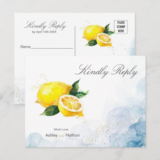 Elegant Citroen Geel & Blauw Waterverf Bruiloft Briefkaart (Voorkant / Achterkant)