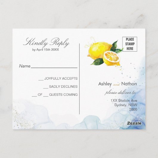 Elegant Citroen Geel & Blauw Waterverf Bruiloft Briefkaart (Achterkant)