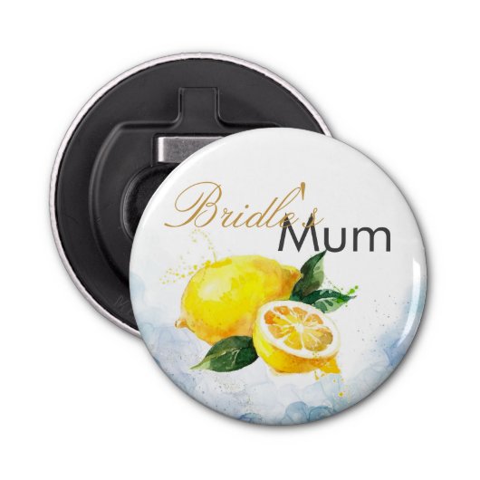 Elegant Citroen Geel & Blauw Waterverf Bruiloft Button Flesopener (Voorkant)