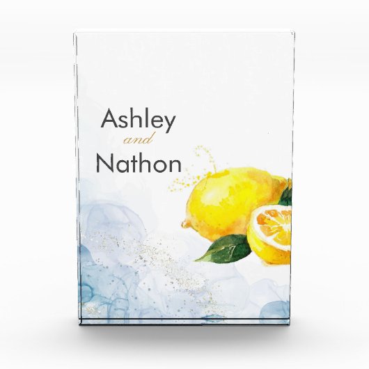 Elegant Citroen Geel & Blauw Waterverf Bruiloft Fotoblokken (Voorkant)