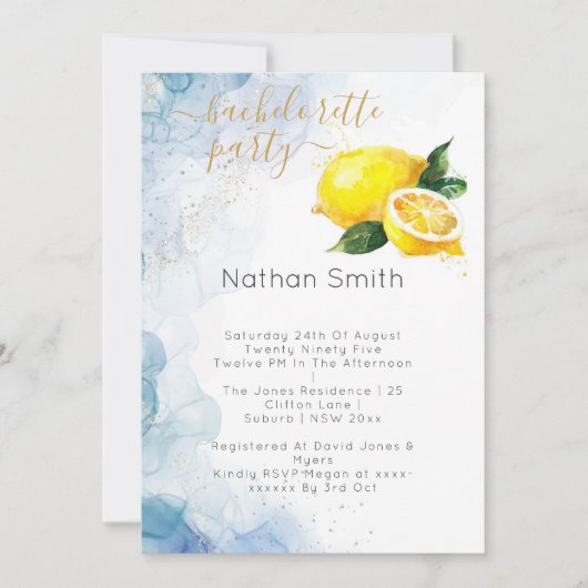 Elegant Citroen Geel & Blauw Waterverf Bruiloft Kaart (Voorkant)