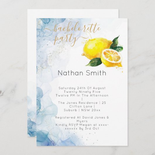 Elegant Citroen Geel & Blauw Waterverf Bruiloft Kaart (Voorkant / Achterkant)