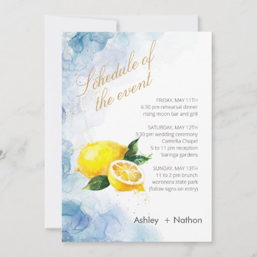 Elegant Citroen geel & Blauw Waterverf Bruiloft Kaart (Voorkant)