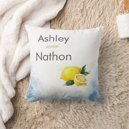 Elegant Citroen Geel & Blauw Waterverf Bruiloft Kussen
