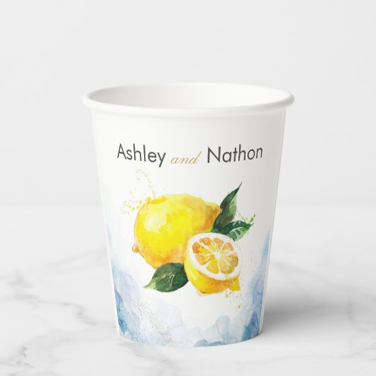 Elegant Citroen Geel & Blauw Waterverf Bruiloft Papieren Bekers (Achterkant)