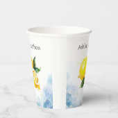 Elegant Citroen Geel & Blauw Waterverf Bruiloft Papieren Bekers (Rechts)