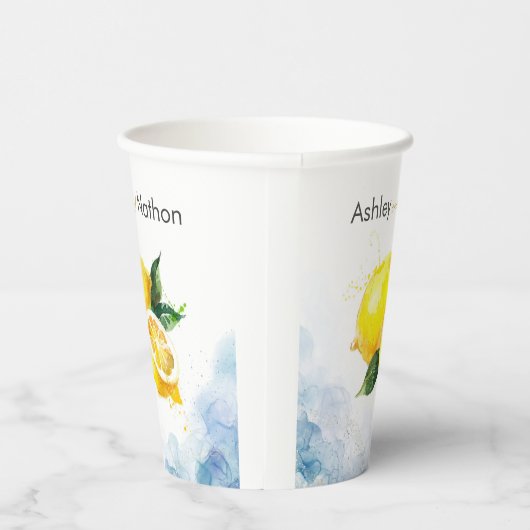 Elegant Citroen Geel & Blauw Waterverf Bruiloft Papieren Bekers (Rechts)