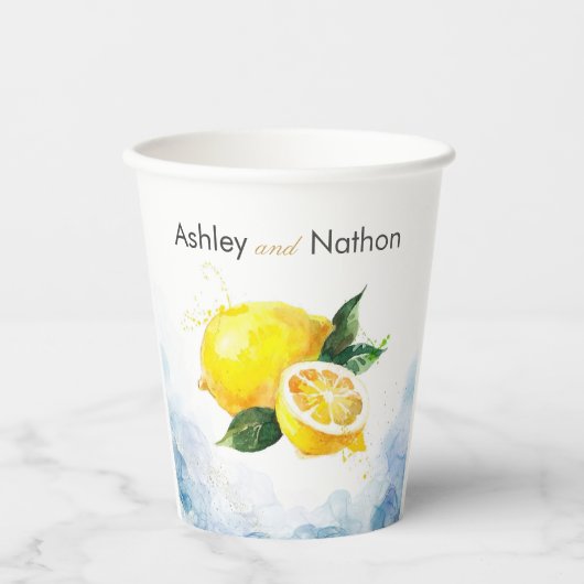 Elegant Citroen Geel & Blauw Waterverf Bruiloft Papieren Bekers (Voorkant)