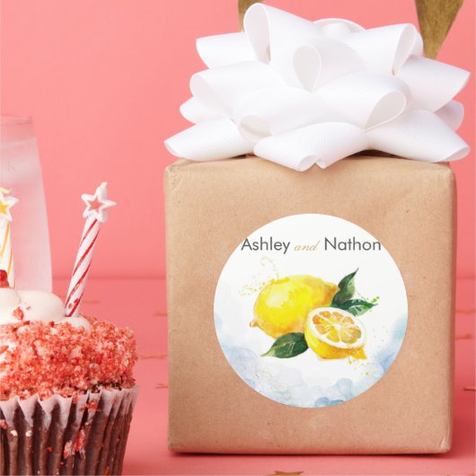 Elegant Citroen Geel & Blauw Waterverf Bruiloft Ronde Sticker (Feest)