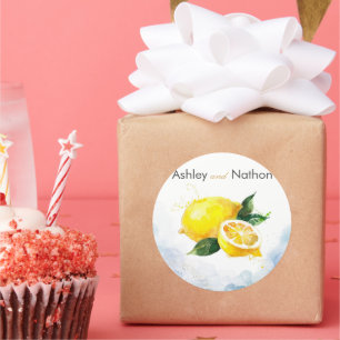 Elegant Citroen Geel & Blauw Waterverf Bruiloft Ronde Sticker