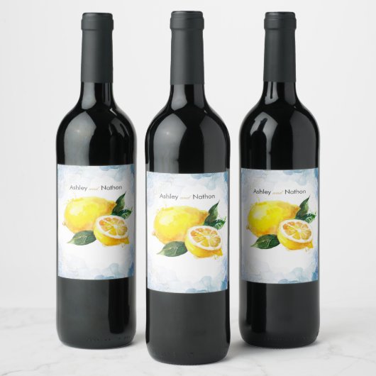 Elegant Citroen Geel & Blauw Waterverf Bruiloft Wijn Etiket (Flessen)