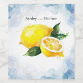 Elegant Citroen Geel & Blauw Waterverf Bruiloft Wijn Etiket (Enkel label)