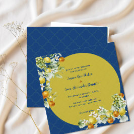 Elegant Citrus Blue Gold Floral Wedding Kaart