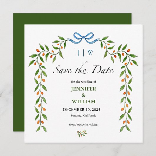 Elegant Citrus en greenery monogrammed bruiloft Kaart (Voorkant / Achterkant)