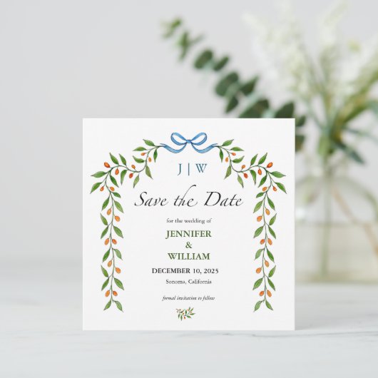 Elegant Citrus en greenery monogrammed bruiloft Kaart (Staand voorkant)