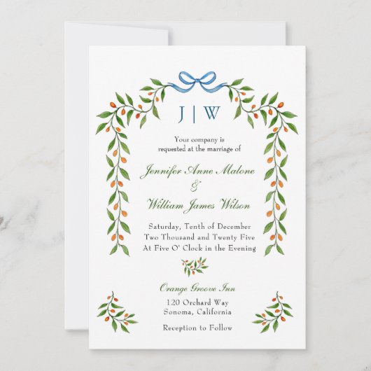 Elegant Citrus en greenery Monogrammed Wedding Kaart (Voorkant)