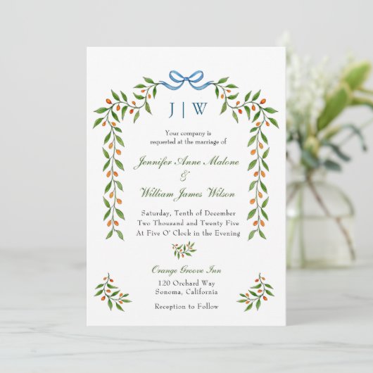 Elegant Citrus en greenery Monogrammed Wedding Kaart (Staand voorkant)