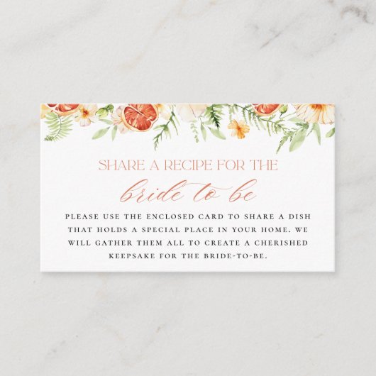 Elegant Citrus Floral Bridal Shower Recipe Request Informatiekaartje (Voorkant)
