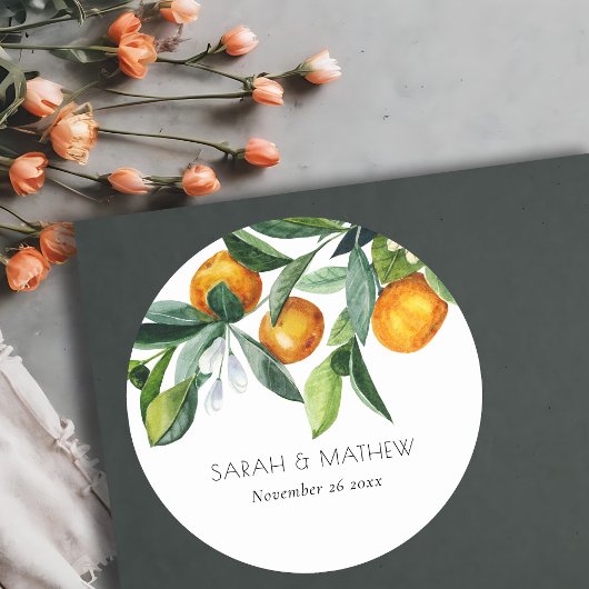 Elegant Citrus Oranje Botanical Boho Wedding Ronde Sticker