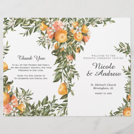 Elegant Citrus Orchard Folded Wedding Programme (Voorkant)