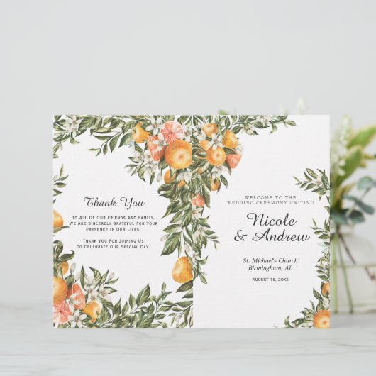 Elegant Citrus Orchard Folded Wedding Programme (Staand voorkant)