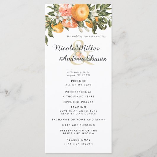 Elegant Citrus Orchard Wedding Ceremony Programme Programmakaart (Voorkant)