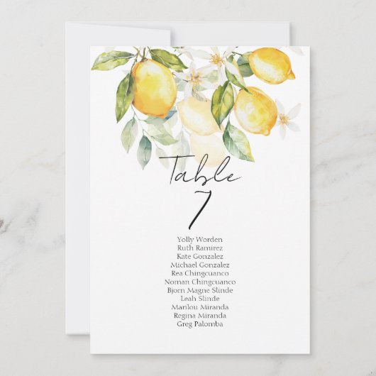 Elegant citrus table number seating chart cards (Achterkant)