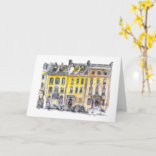 Elegant City Brownstone Hand-Drawn Pen en inkt Kaart (Gele Bloem)