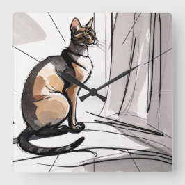 Elegant City Cat Looking Out The Window Minimalism Vierkante Klok