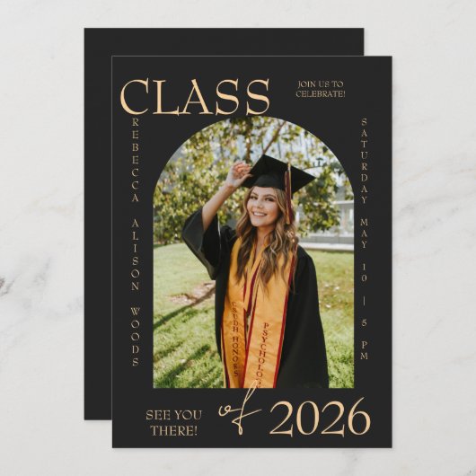Elegant Class of 2026 Graduation Invite Kaart (Voorkant / Achterkant)