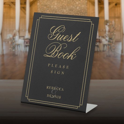 Elegant Classic Art Deco Zwart en Goud Gastenboek Reclamebord Met Voetstuk