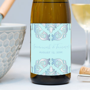 Elegant Classic Baroque Blue Border Wedding Wijn Etiket