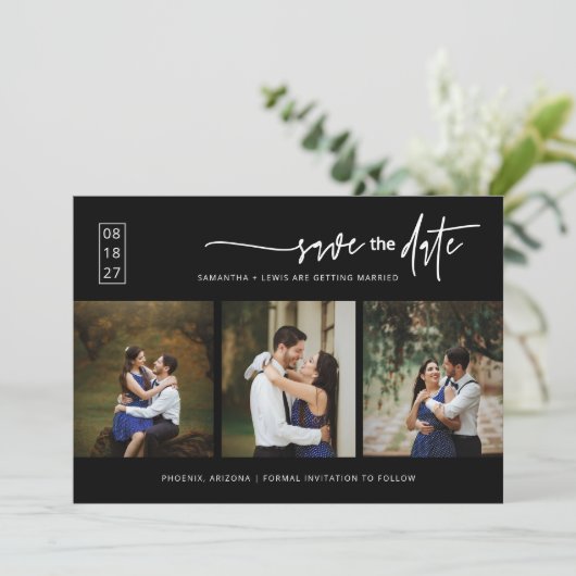 Elegant Classic Black Bewaar de datum Foto QR-code Kaart (Staand voorkant)