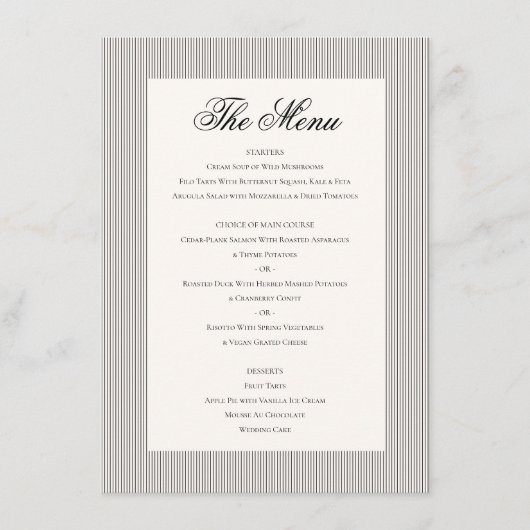 Elegant Classic Black Cream White Wedding Dinner Menu (Voorkant)