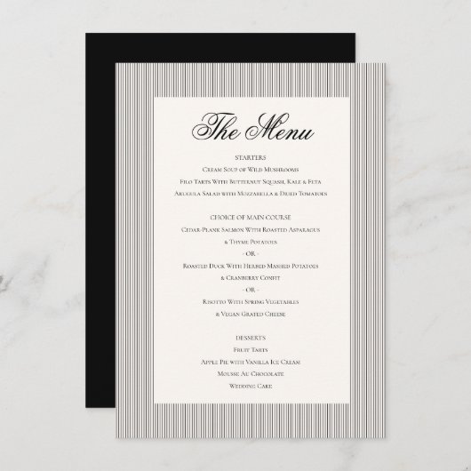 Elegant Classic Black Cream White Wedding Dinner Menu (Voorkant / Achterkant)