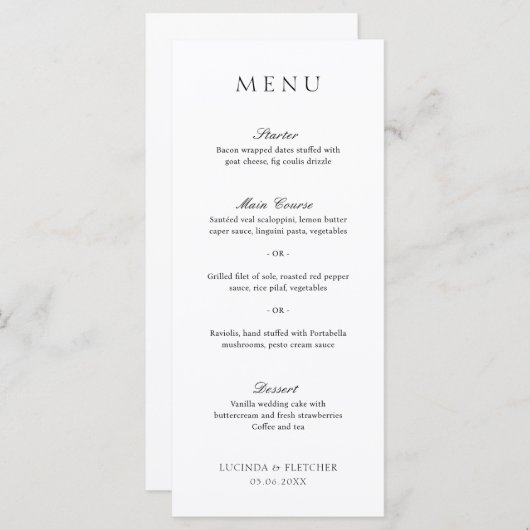 Elegant Classic Black en White Formal Wedding Menu (Voorkant / Achterkant)