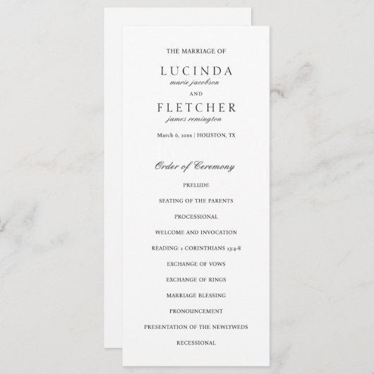 Elegant Classic Black en White Formal Wedding Programmakaart (Voorkant / Achterkant)