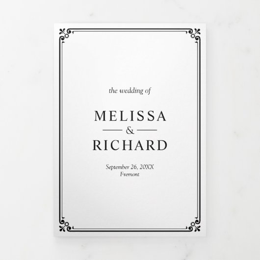 Elegant Classic Black en White Monogram Weddenscha Drieluik Uitnodiging (Cover)