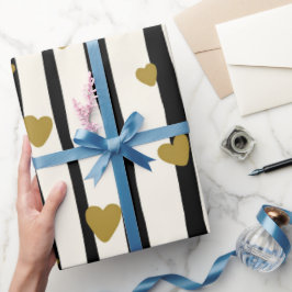 Elegant Classic Black Stripes Golden Heart Cadeaupapier