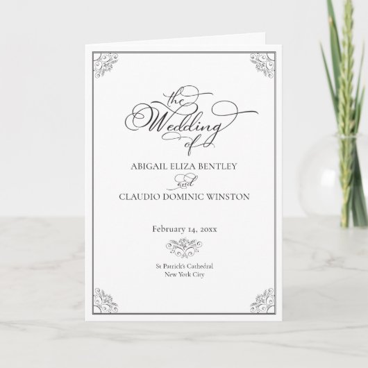 Elegant Classic Black & White Calligraphy Wedding Programma (Voorkant)
