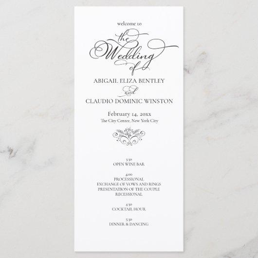 Elegant Classic Black & White Calligraphy Wedding Programmakaart (Voorkant)