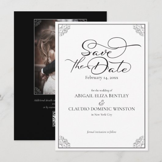 Elegant Classic Black & White Calligraphy Wedding Save The Date (Voorkant / Achterkant)